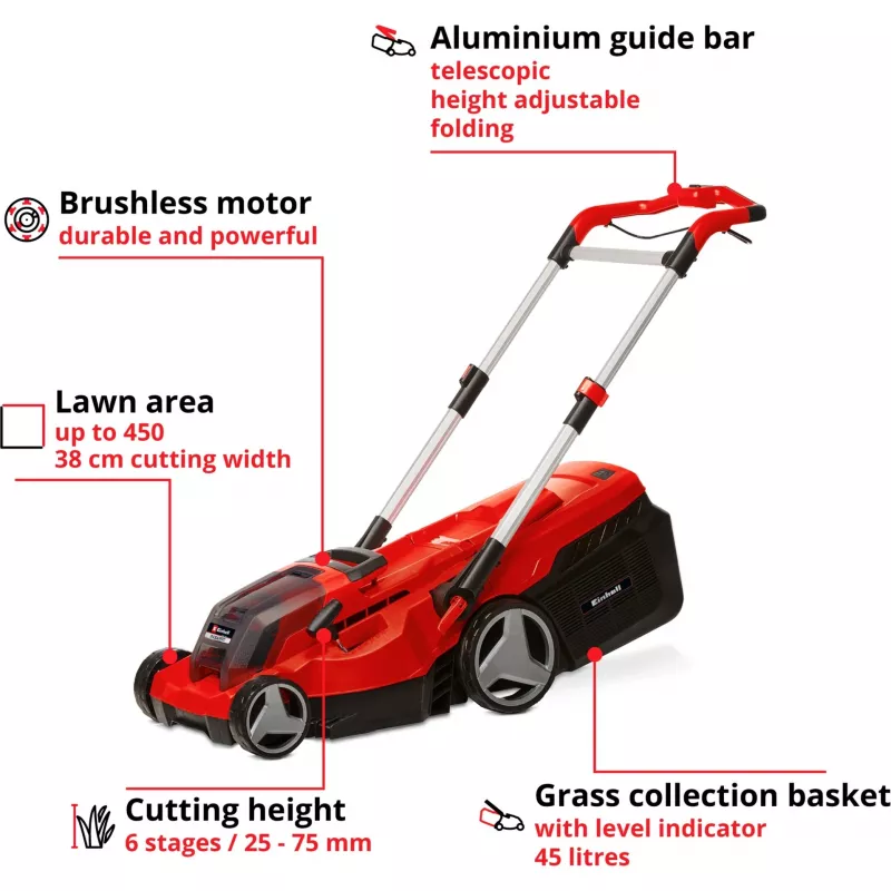 Professional Battery-Lawn Mower RASARRO 36/38, 36Volt (2x18V) (Red/black, 2x Lithium-Ion Battery 4,0Ah)