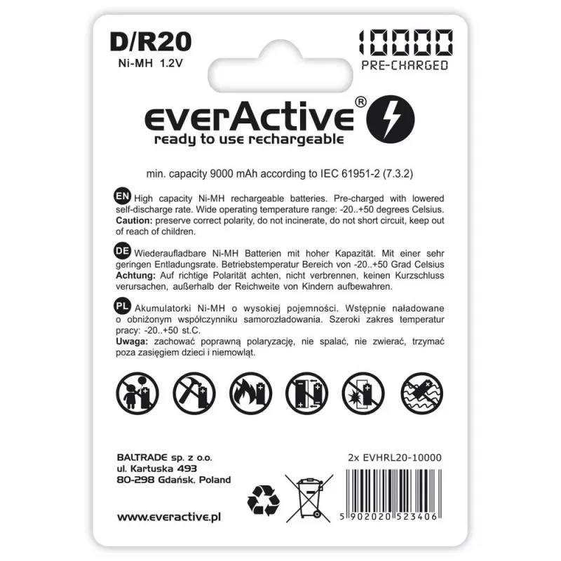 Rechargeable battery everActive EVHRL20-10000 D NiMH 1.2 V 2 pcs