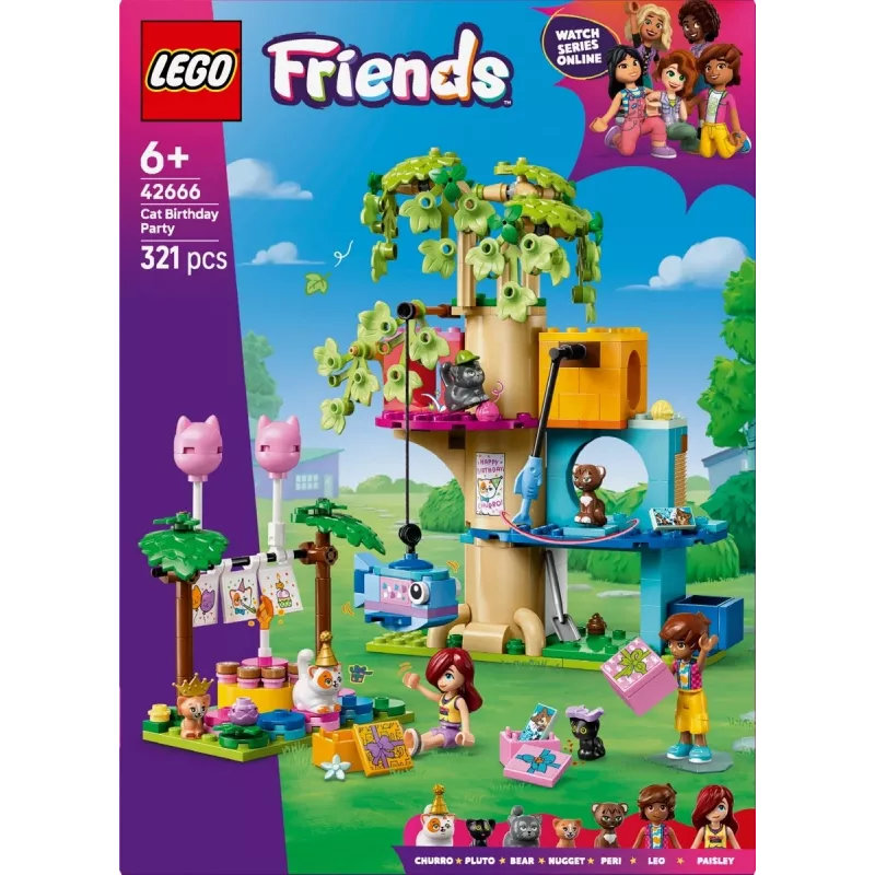 Construction toy LEGO Friends 42666 Cat Birthday Party Tree House playset, 321 pcs, 6+ yrs, 180×160×100 mm