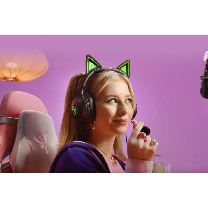 Kraken Kitty V2 - Black, Gaming headset, Kitty Ears, Stream Reactive Lighting, HyperClear Cardioid Mic, 40 mm TriForce Drivers, Built into the earcups microphone, Razer Chroma RGB (Ear and Earcups), Surround sound: Only available on Windows 10 64-bit