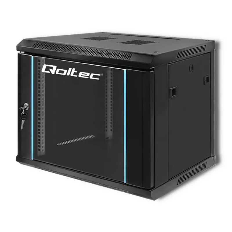 Qoltec 54463 19-Inch Rack Cabinet 9U 600x500x450 mm Wall-Mount Steel Enclosure with Glass Door, Black