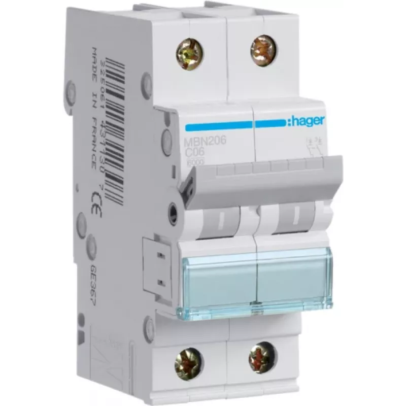 Hager MBN206. Number of Poles: 2P. AC Input Frequency: 50/60 Hz, Nominal Current Output: 6 A (MBN206)