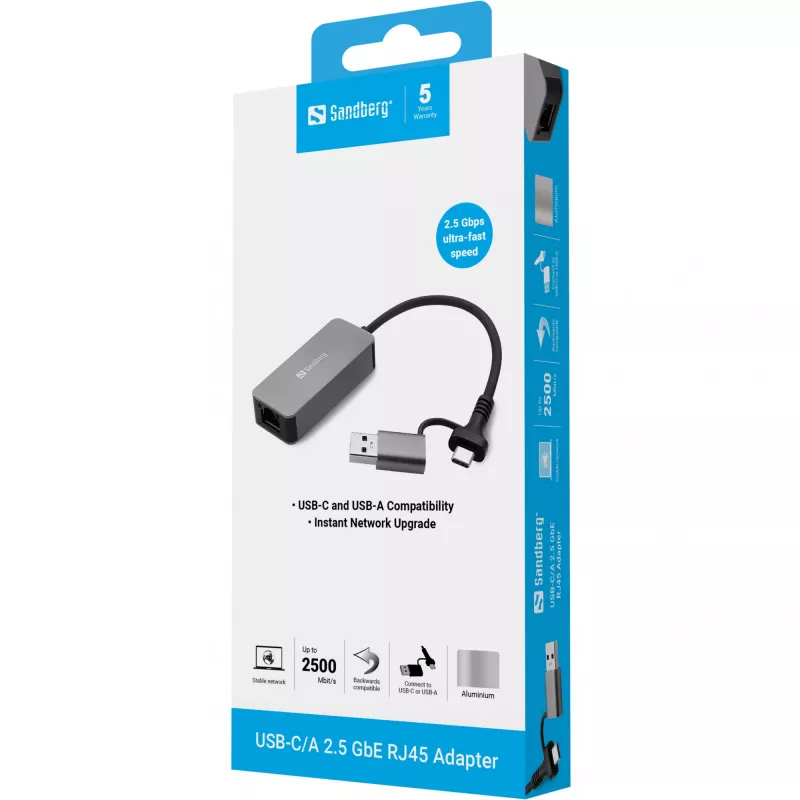 USB-C/A adapter SANDBERG 136-68 with 2.5 GbE RJ45 Ethernet port