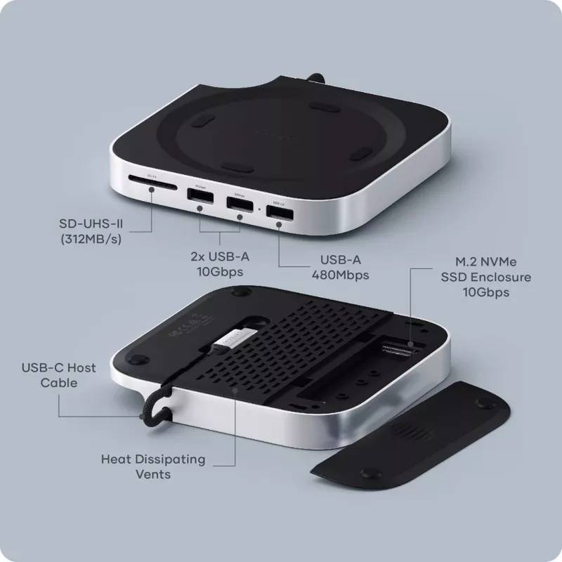 Satechi laptop dock/port replicator ST-GNMMES — wired USB 3.2 Gen 2 Type-C hub, USB-A & SD, Silver