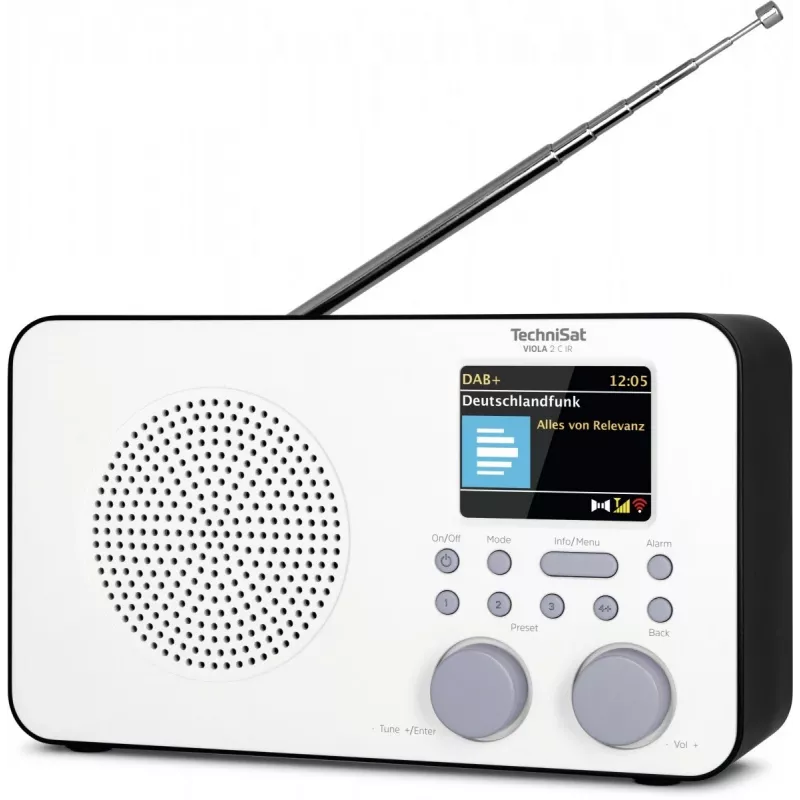 Internet radio TECHNISAT VIOLA 2 C IR — Analog & digital tuner, DAB+/FM, Wi‑Fi, 3 W, 2.4 inch TFT, 3.5 mm, Black/White