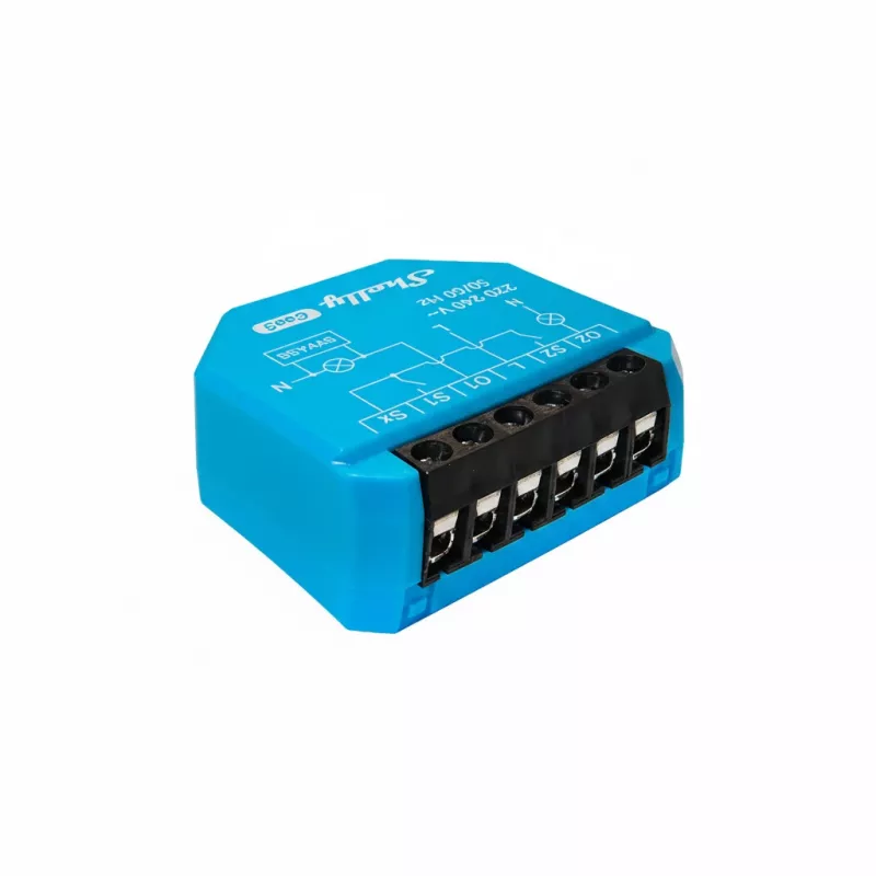 DIN‑mount dual relay module Shelly 2L Gen3, 2 channels, Wi‑Fi/Bluetooth, 220–240V AC, 50Hz, plastic housing