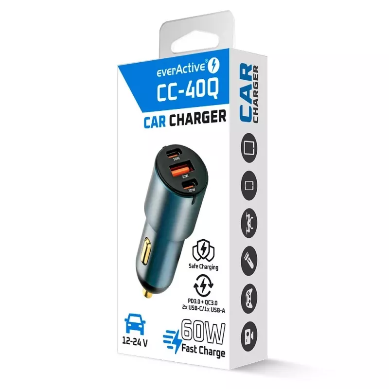Car charger everActive CC-40Q QC3.0 60W, USB car power adapter for charging mobile devices