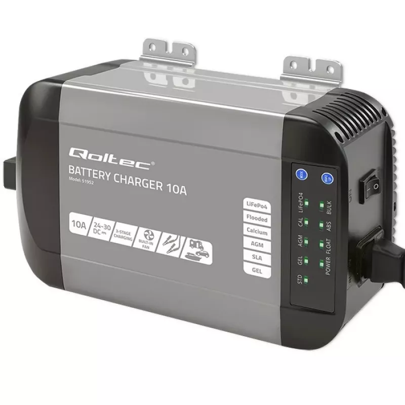 Qoltec 51952 Smart Monolith Battery Charger for LiFePO4/AGM/GEL/SLA, 10A, 24V