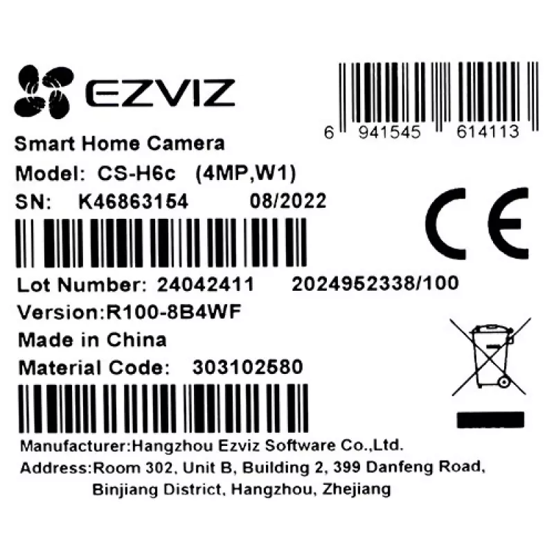 IP security camera EZVIZ H6c 1920 x 1080, indoor spherical, Wi‑Fi & Ethernet, 4 mm lens, 360° viewing, microSD up to 256 GB