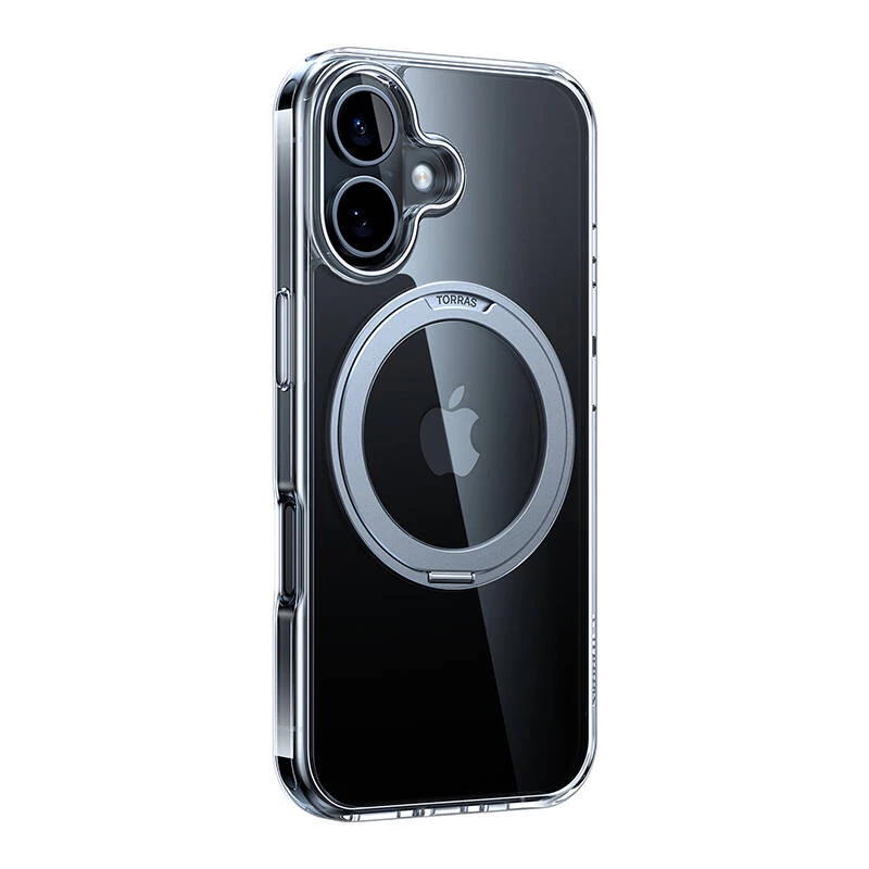 Protective smartphone case Torras Ostand Pro for iPhone 16, transparent, slim fit, supports wireless charging