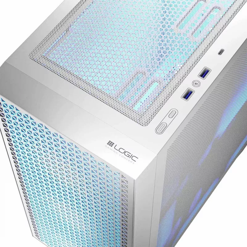 PC case LOGIC Dart Pro Midi ARGB white — Midi Tower, ATX, 456×200×385 mm, max GPU 34 cm, CPU cooler height 155 mm, 3x120mm front + 1x120mm rear, USB 3.0 x2, USB-C x1