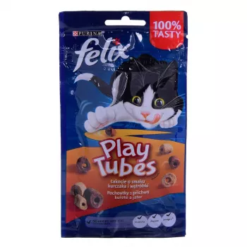 Wet cat treat pouch Felix Play Tubes Chicken & Liver 50 g — meaty adult snack, 35% protein, 19.5% fat