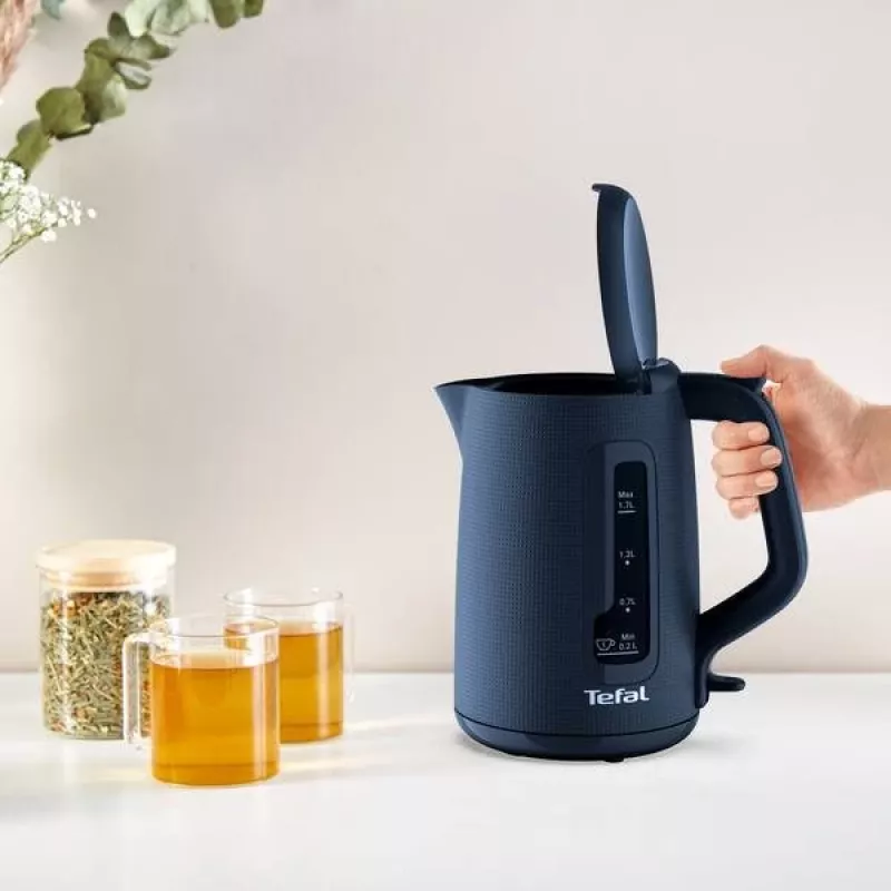 Electric kettle Tefal KO2M0410 — 1.7 L, 2400 W, blue, water level indicator, anti-calc filter