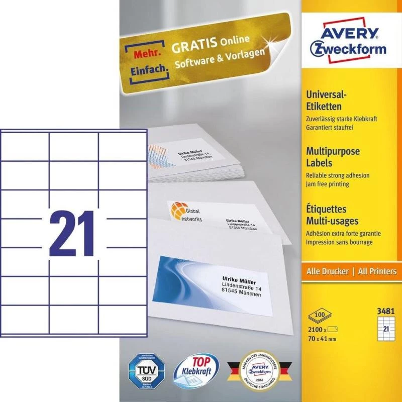 Avery 3481 Self-Adhesive Label Rectangle Permanent White 2100 pcs