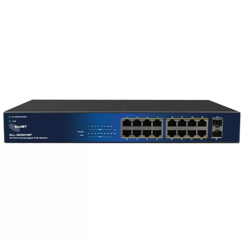 ALLNET 18-port Gigabit PoE Switch ALL-SG8018P — 16 PoE ports + 2 uplink, Gigabit Ethernet
