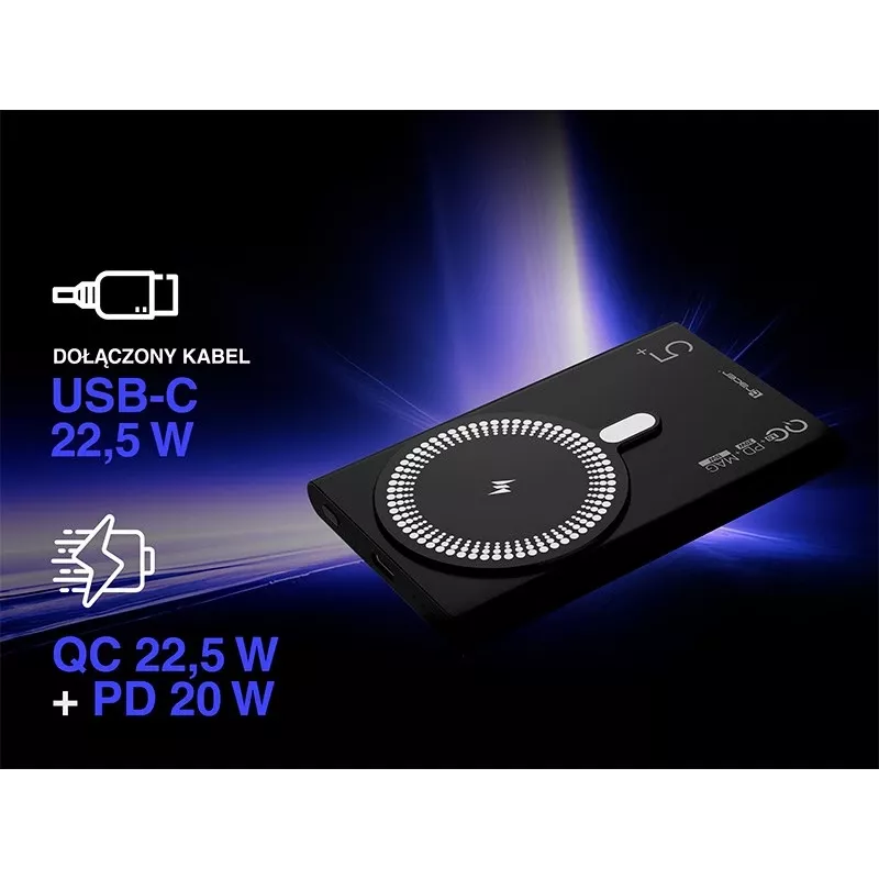 Tracer AirMag2 TRABAT47645 power bank, 5000mAh, PD 20W, 15W magnetic wireless charging, MagSafe compatible, black