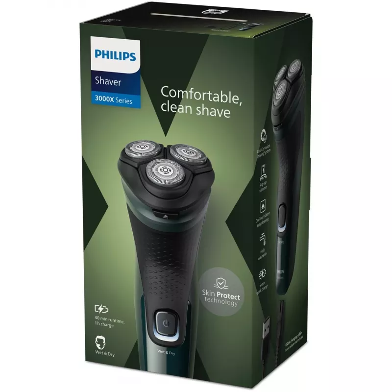 Electric Rotary Shaver Philips 3000X Series X3002/00 – 3-head Wet & Dry Cordless Shaver, NiMH battery, 40 min runtime