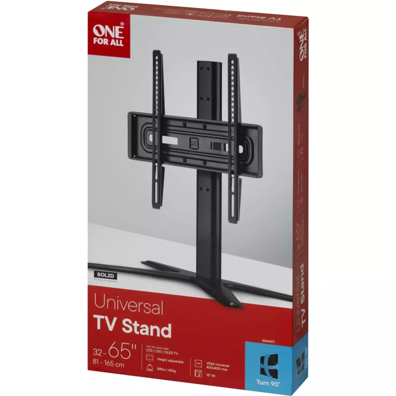 One For All desktop stand Base TV Holder SOLID – Suitable for all TV types of 32 to 65- LCD/LED/Plasma/OLED/QLED TVs – swivel (90°) tilt (15°) - Height Adjustable – VESA 60