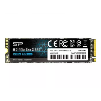SSD M.2 NVMe Silicon Power P34A60 512 GB — PCIe, Read 2200 MB/s, Write 1600 MB/s, NVMe 1.3
