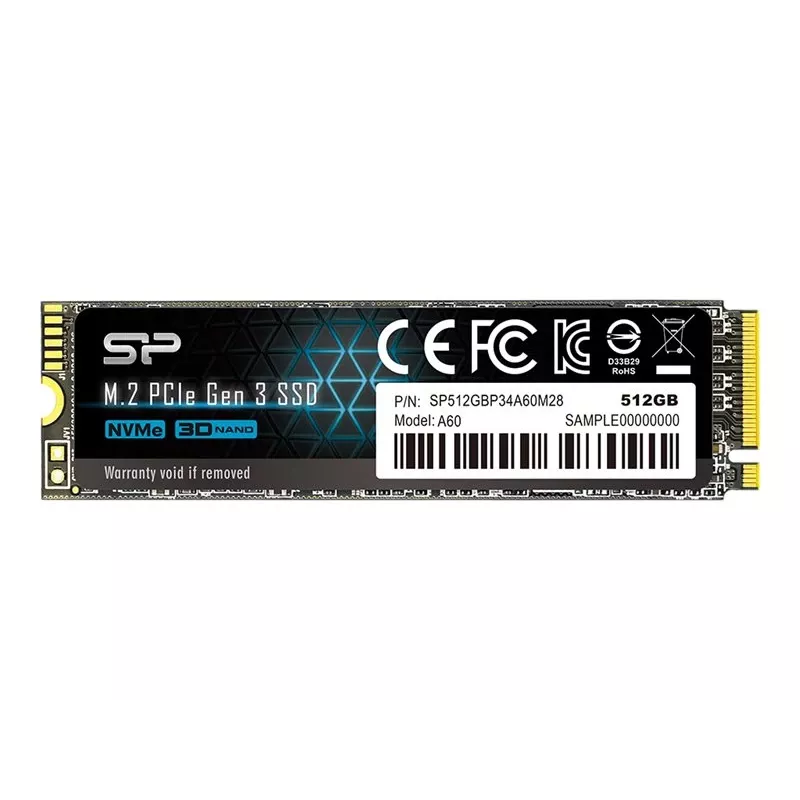 SSD M.2 NVMe Silicon Power P34A60 512 GB — PCIe, Read 2200 MB/s, Write 1600 MB/s, NVMe 1.3
