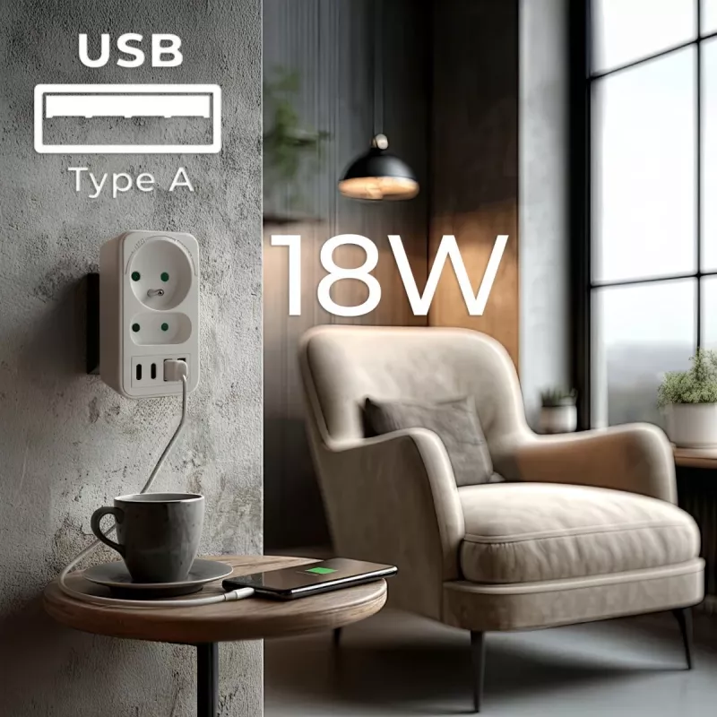 Power splitter MACLEAN MCE249 F/W — 2x mains sockets (16A + 6A) and 4x USB (2x A, 2x C PD 20W)