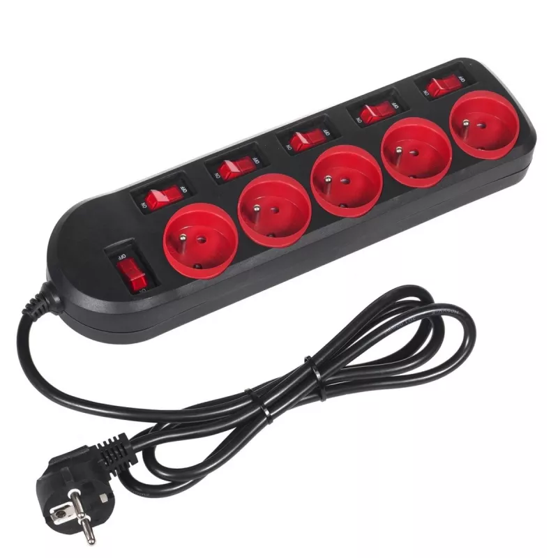 Power extension MACLEAN MCE204 1.5 m cable, 5 AC outlets, indoor, black/red