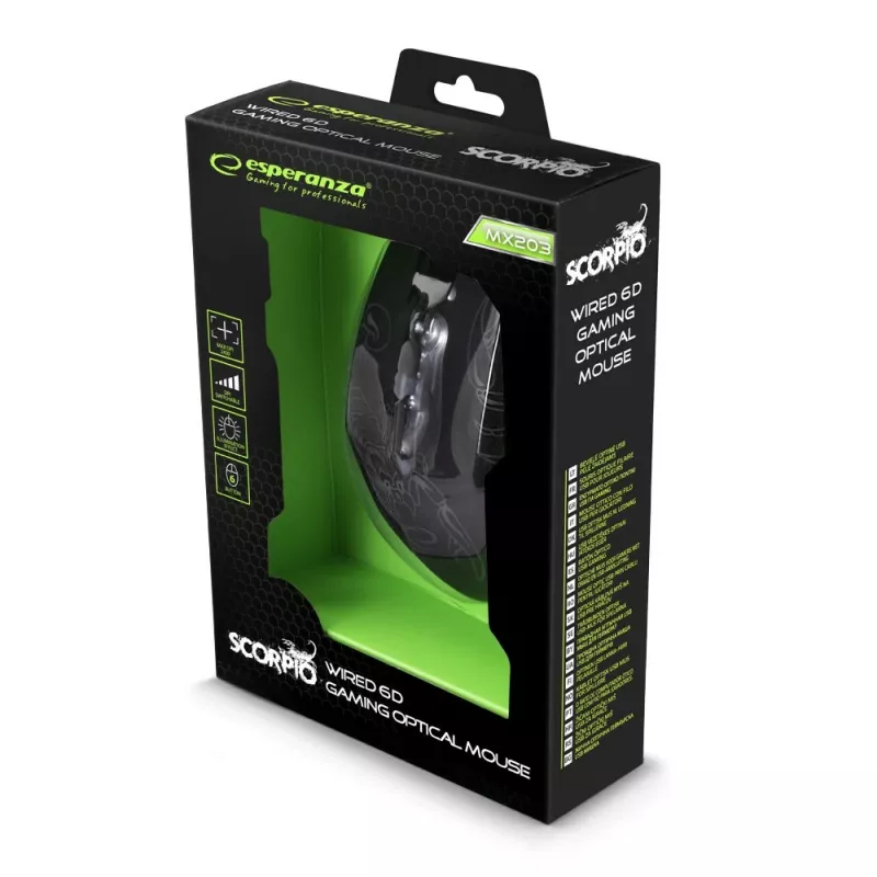 Esperanza MX203 SCORPIO - Mouse - USB - Blue - Hiiri - Optinen - 6 Painiketta - Black