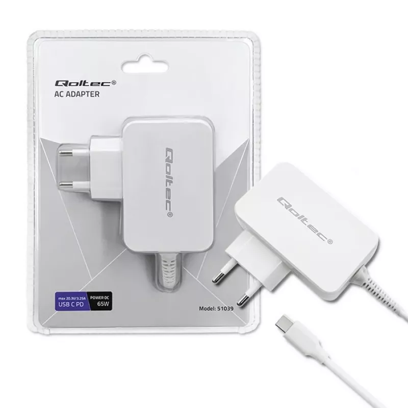 Power adapter QOLTEC 51039 65W AC-to-DC 220–240V 20.3V/3.25A Type C white, 1.7 m cable