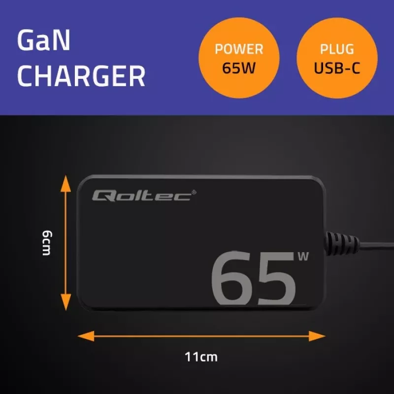 QOLTEC Charger 65W GaN Super Fast SLIM PD 5-20V 3.25A USB-C