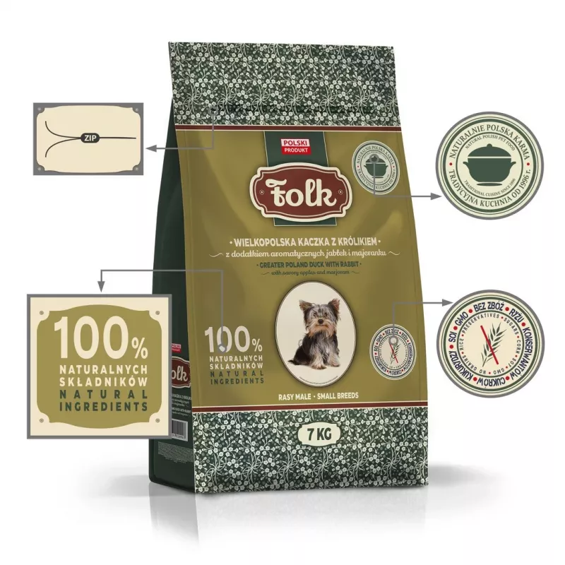 FOLK Small breeds Traditional Greater Poland duck with rabbit, apples and marjoram - dry dog food - 7kg