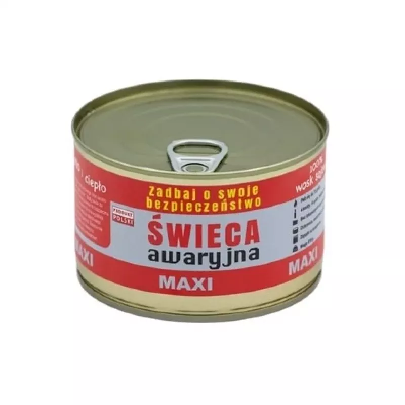 Emergency survival candle FULER HASKE Pro MAXI 410 g — natural soy wax, 72 h burn time, 99 mm × 65 mm, steel can