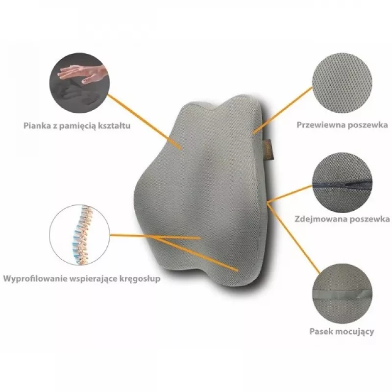 Lumbar support pillow MDH DRQE3S0BBXUXP — memory foam ergonomic, 450×410×105 mm, density 55 kg/m³, grey, pouch included