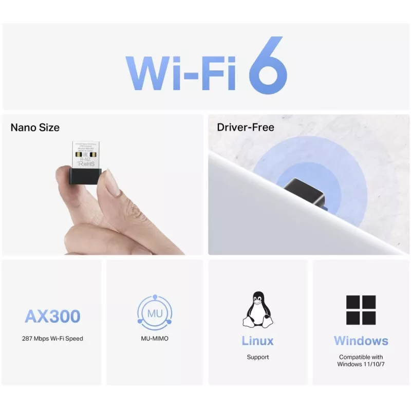 USB Wi‑Fi Adapter MERCUSYS MA14N — USB Type‑A, 2.4 GHz Single‑Band, up to 287 Mb/s, Black