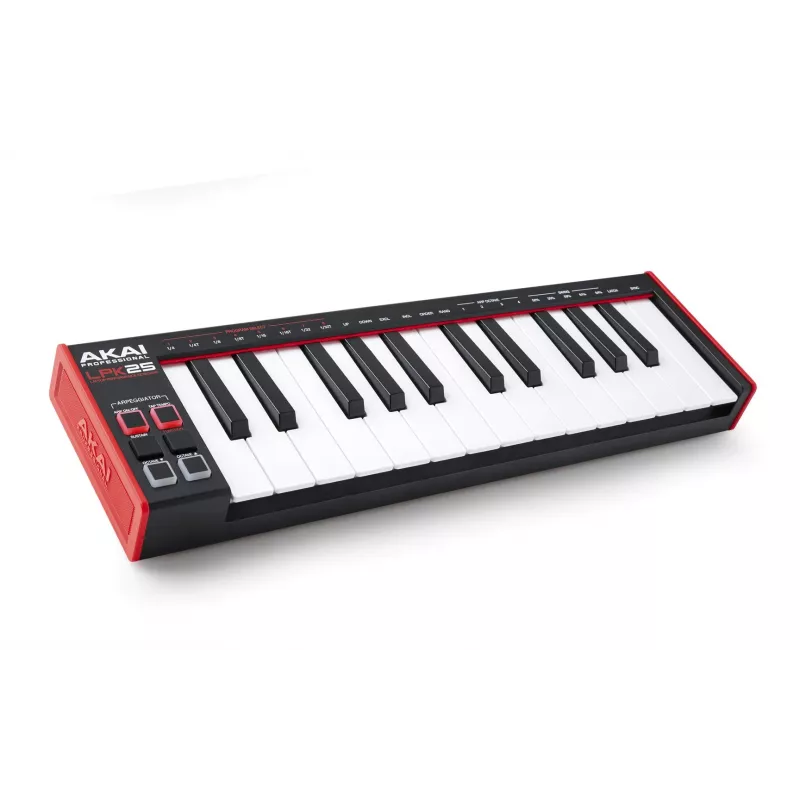AKAI LPK25 MKII 25-key USB-powered mini MIDI keyboard — octave shift, arpeggiator, 6 buttons, red