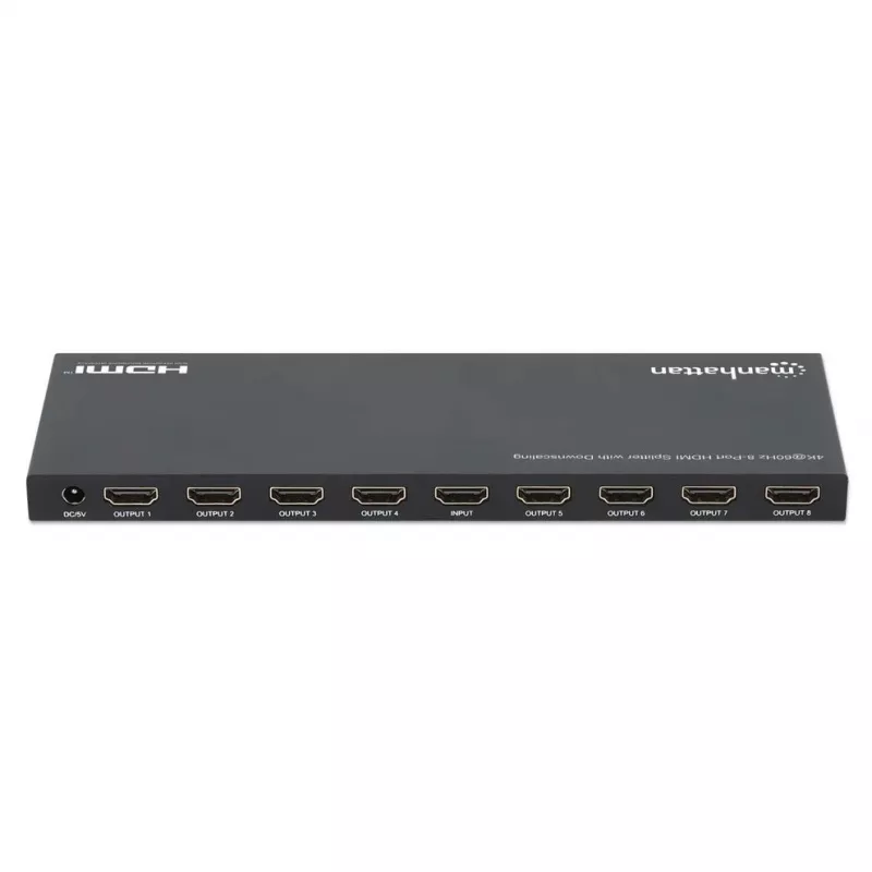Manhattan 4K@60Hz 8-Port HDMI Splitter with Downscaling, Splits One HDMI Input to Eight HDMI Outputs (1x8), 18G, EDID Switch for Downscaling, Black