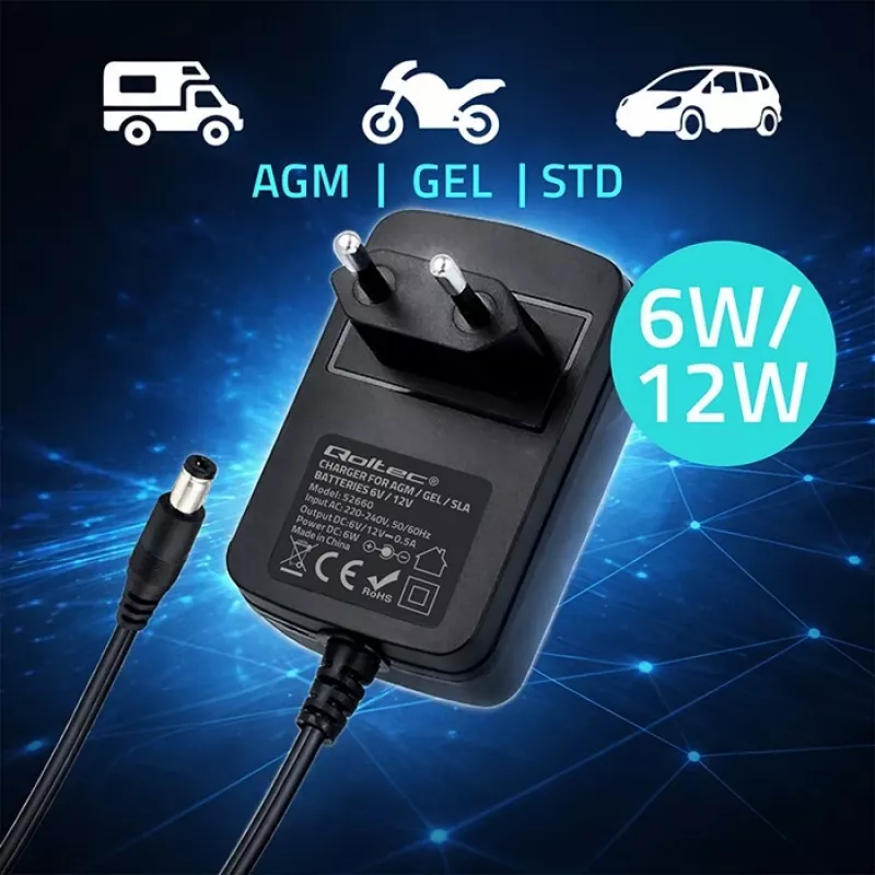 Battery charger QOLTEC model 52660 — 6V/12V, 6W charging unit