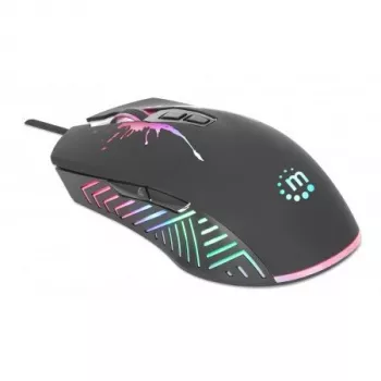 Manhattan Gaming Mouse with LEDs, Wired, Seven Button, Scroll Wheel, 7200dpi, Black with LED lighting, Three Year Warranty
