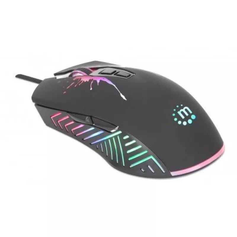 Manhattan Gaming Mouse with LEDs, Wired, Seven Button, Scroll Wheel, 7200dpi, Black with LED lighting, Three Year Warranty