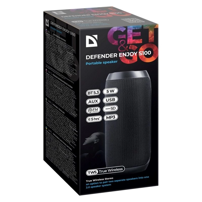 Portable Bluetooth Speaker DEFENDER ENJOY S100 — 10W, Bluetooth 5.3, 5h battery, LED illumination, built-in mic