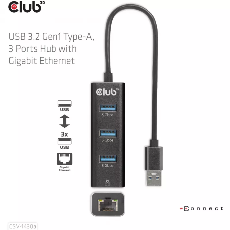USB Hub CLUB3D USB 3.2 Gen1 Type-A 3 Ports with Gigabit Ethernet