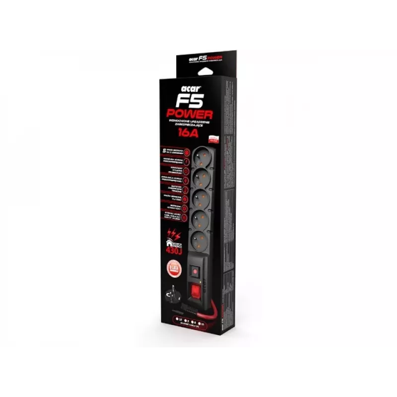 AC Power Strip ACAR F5 POWER Black 5 AC outlets 230 V 5 m