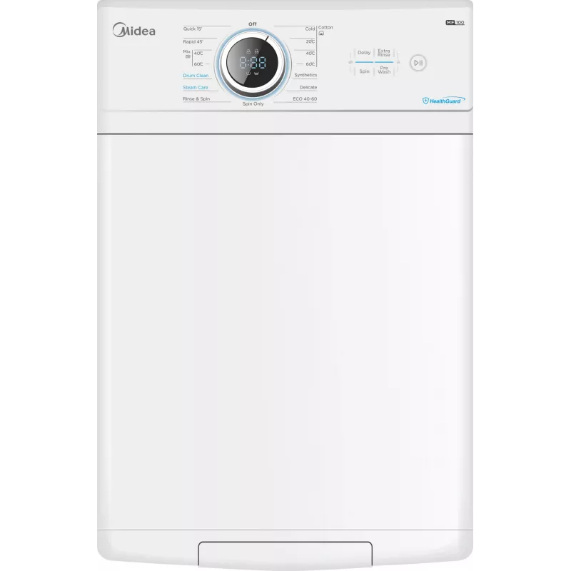 Midea Washing Machine | MF100T60B/W-HR | Energy efficiency class A | Top loading | Washing capacity 6 kg | 1200 RPM | Depth 61 cm | Width 40 cm | Display | LED | Steam function | W