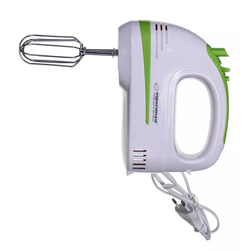 Hand mixer ESPERANZA EKM011 — 400 W, 5 speeds, turbo, dough hooks and beaters, 220–240 V, white/light green