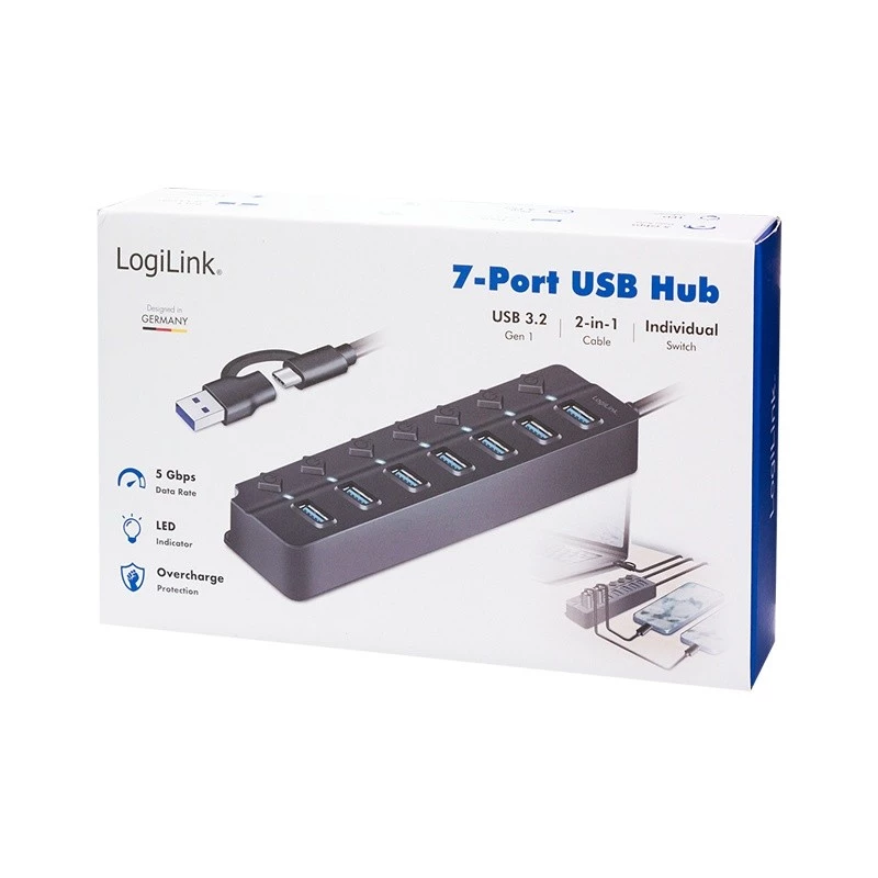 USB3.2 Gen1 hub, 7 port on/off switch black