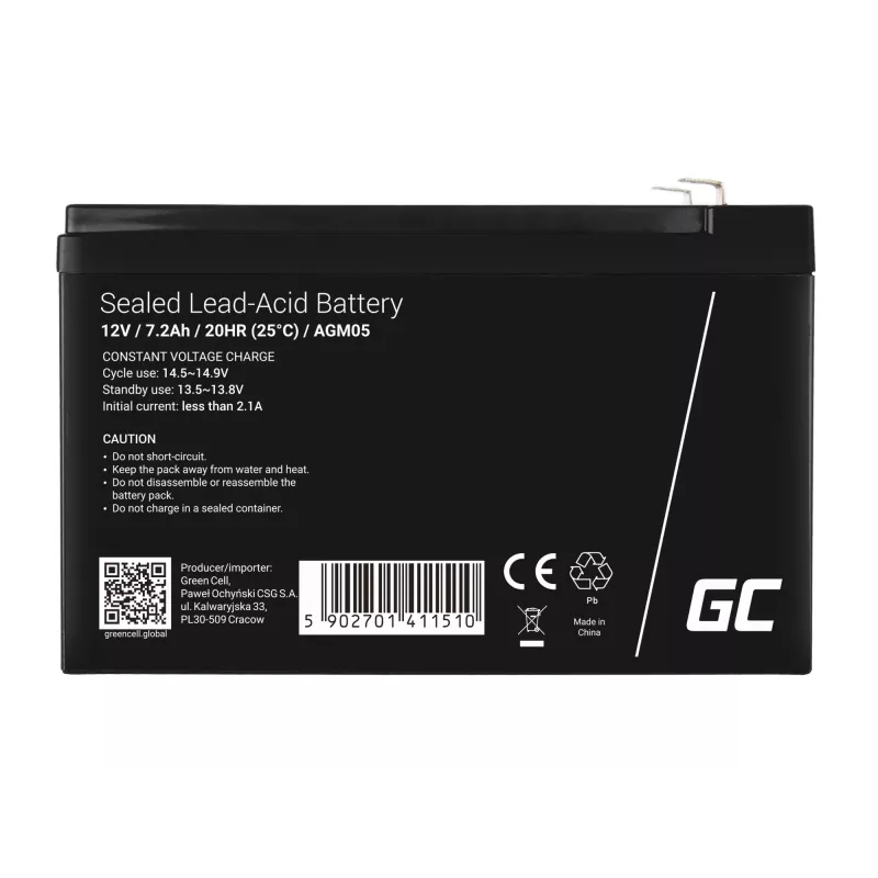 UPS battery Green Cell AGM05 — 12 V 7.2 Ah Sealed Lead Acid (VRLA), 95 mm H, 151×65 mm, 2.15 kg