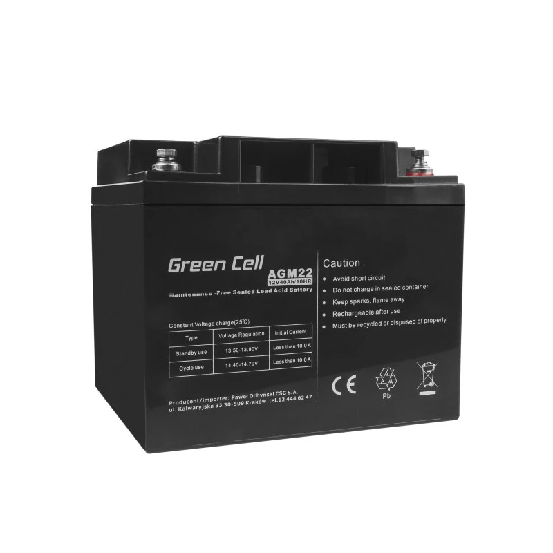 UPS battery Green Cell AGM22 — Sealed Lead Acid 12V 40Ah (VRLA), 170×165×197 mm, 12.1 kg