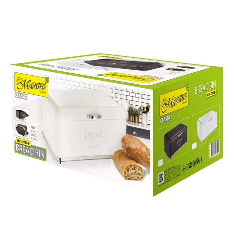 Bread box Maestro MR1677-AR-W — rectangular stainless steel, white, 340×220×160 mm