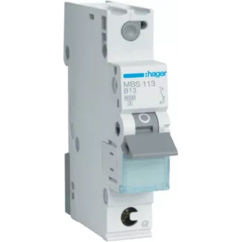 Hager MBS113. Rated Current: 13 A, AC Input Frequency: 50/60 Hz. Type: B-type, Module Quantity (max): 1 Module(e). Width: 17,5 mm, Depth: 70 mm, Height: 83,4 mm (MBS113)