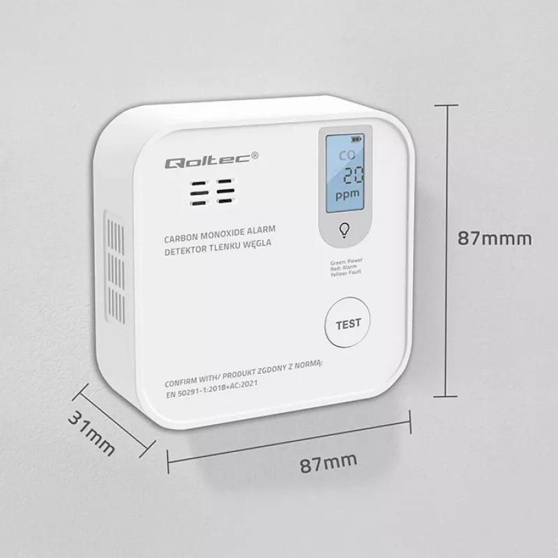 Carbon monoxide sensor QOLTEC 52577 — battery-powered alarm, 85 dB sound level