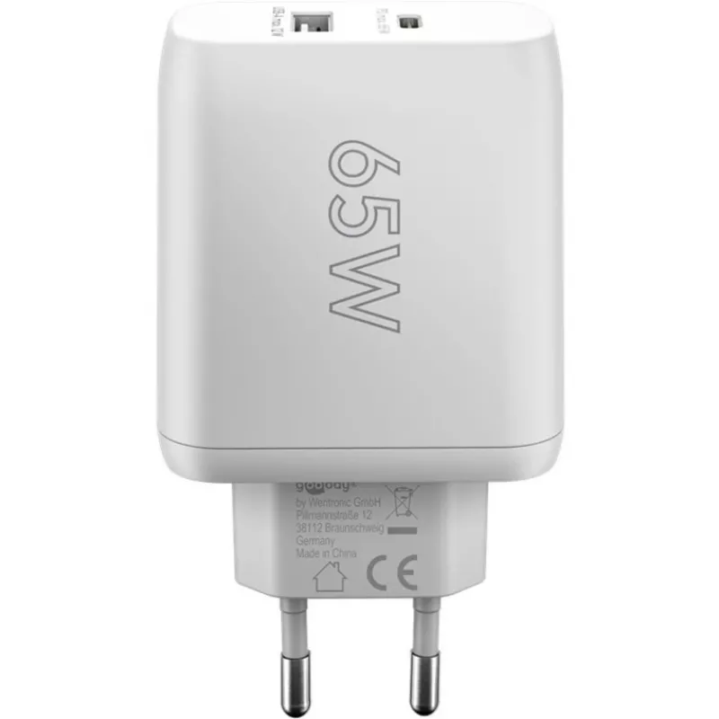 USB-C Dual-Fast Charger, PD, GaN, 65 Watt (White, 1x USB-C, 1x USB-A, Power Delivery)